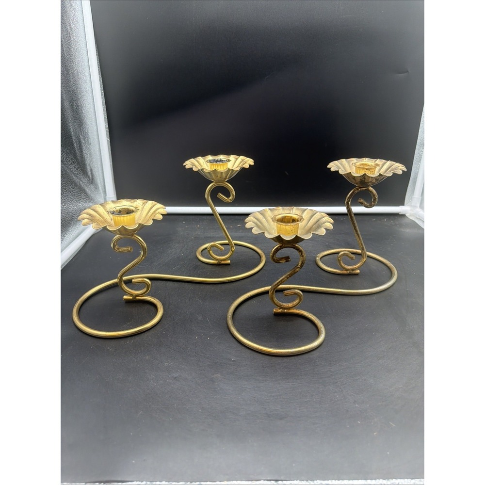 2 VTG Brass Tone Metal Double Taper Candlestick Holder Table Top Home Interiors